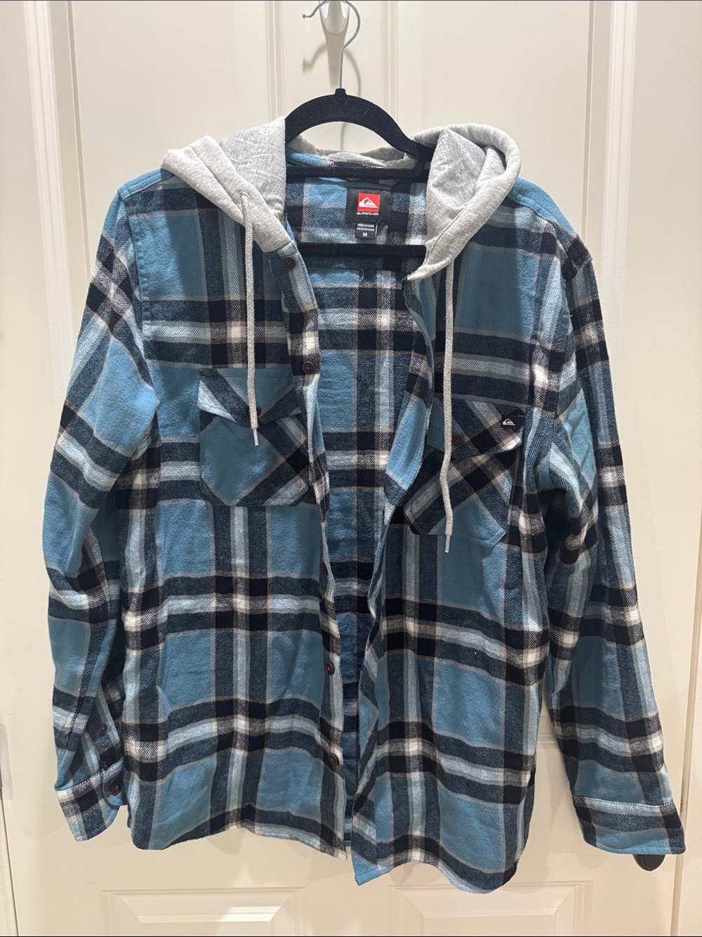 Quiksilver Blue and Gray Plaid Hooded flannel